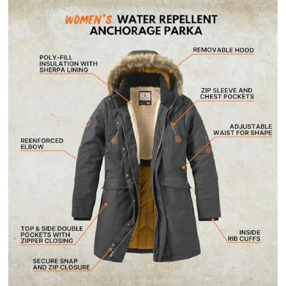 Women's Water Resistant Hooded Anorak Parka with Sherpa Lining - Picture 4 of 8